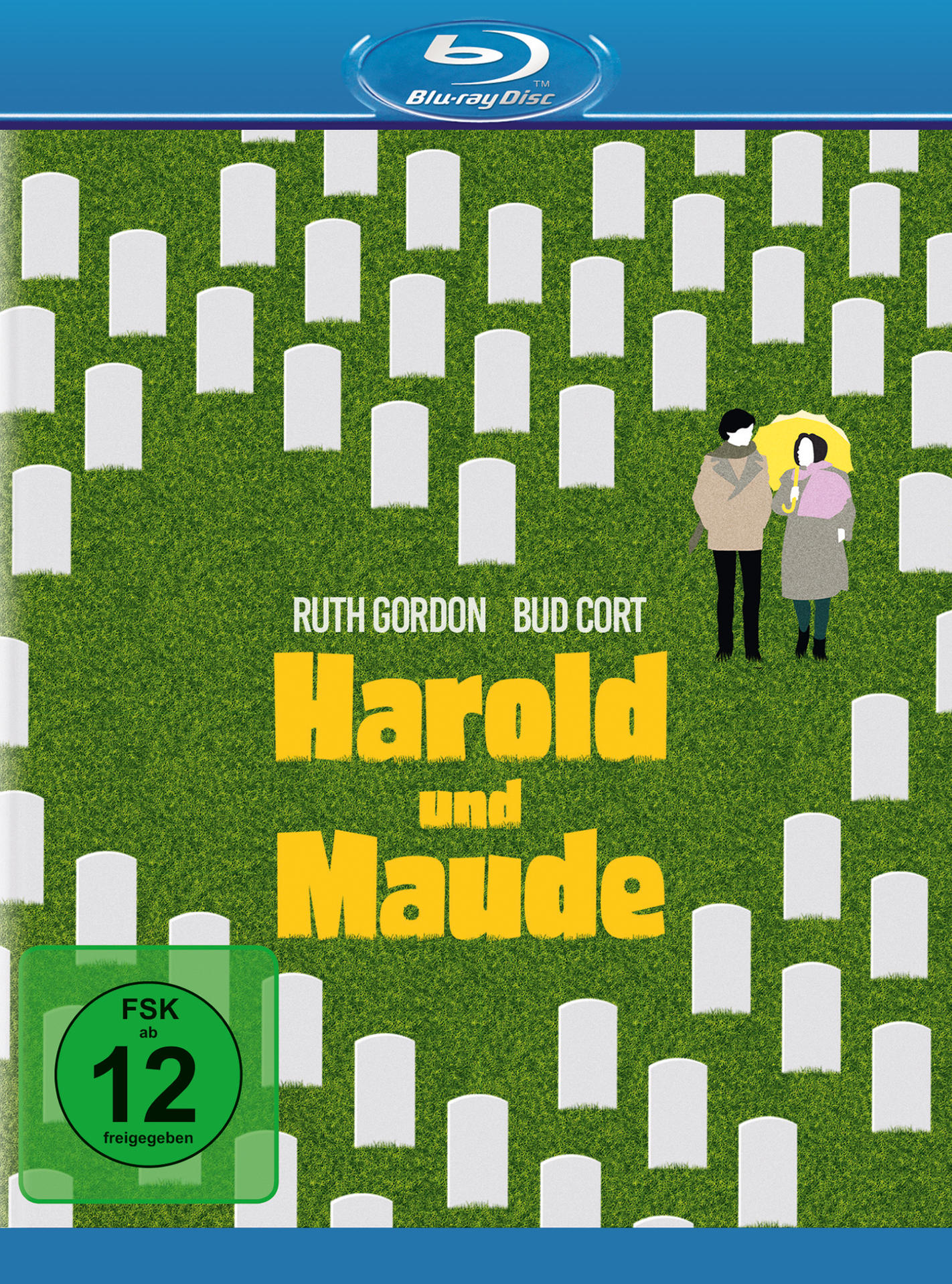 Filmcover von 'Harold and Maude'. Ein Paar steht auf einem Friedhof mit Grabsteinen.