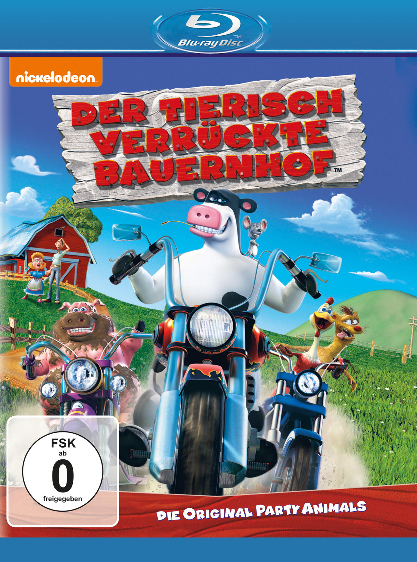 Cartoonbild von Tieren auf Motorrädern. Eine Kuh, ein Schwein und ein Huhn. Der Titel ist auf Deutsch.