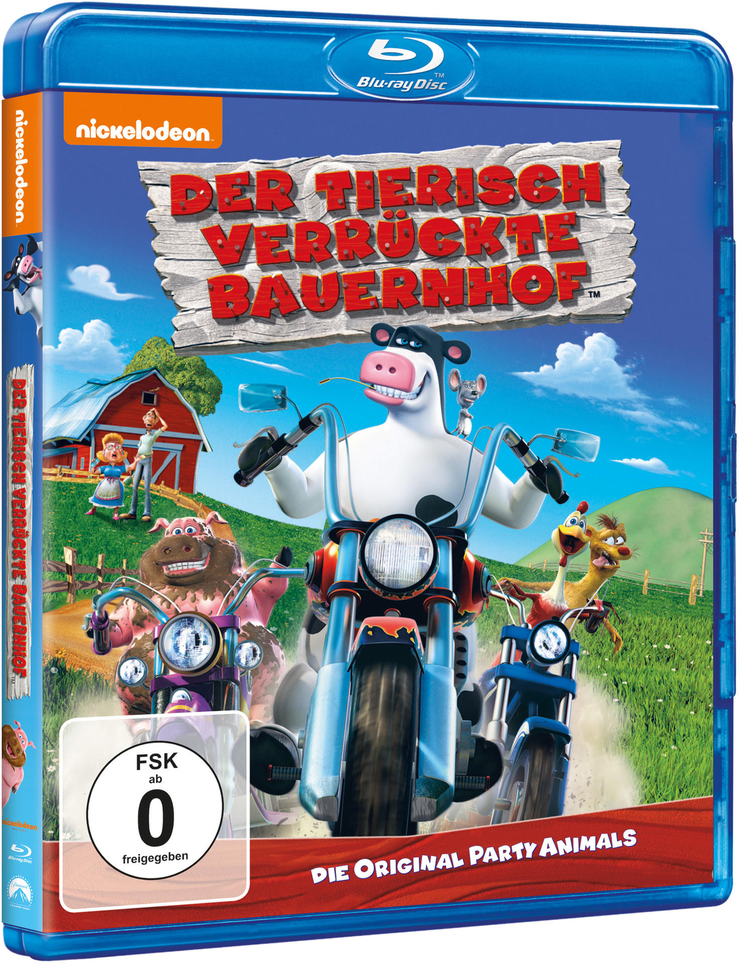 DVD-Cover von "Der Tierisch Verrückte Bauernhof". Zeigt Zeichentrick-Bauernhoftiere auf Motorrädern.