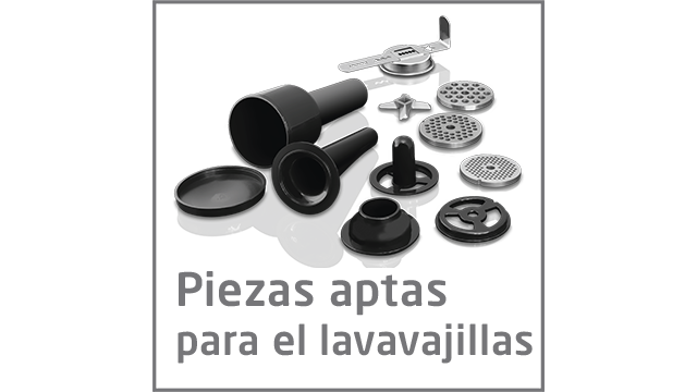 Piezas de picadora de carne sobre una superficie oscura, con texto en español: 'Piezas aptas para el lavavajillas'.