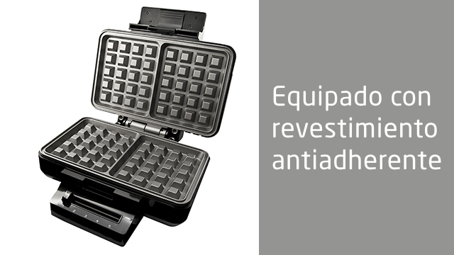 Una gofrera abierta. La superficie tiene un patrón de rejilla. Texto: Equipado con revestimiento antiadherente.