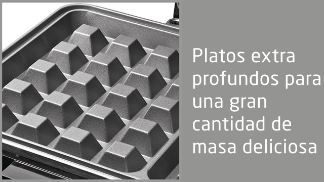 Primer plano de la superficie de cocción de una gofrera. Texto: 'Platos extra profundos para una gran cantidad de masa'.