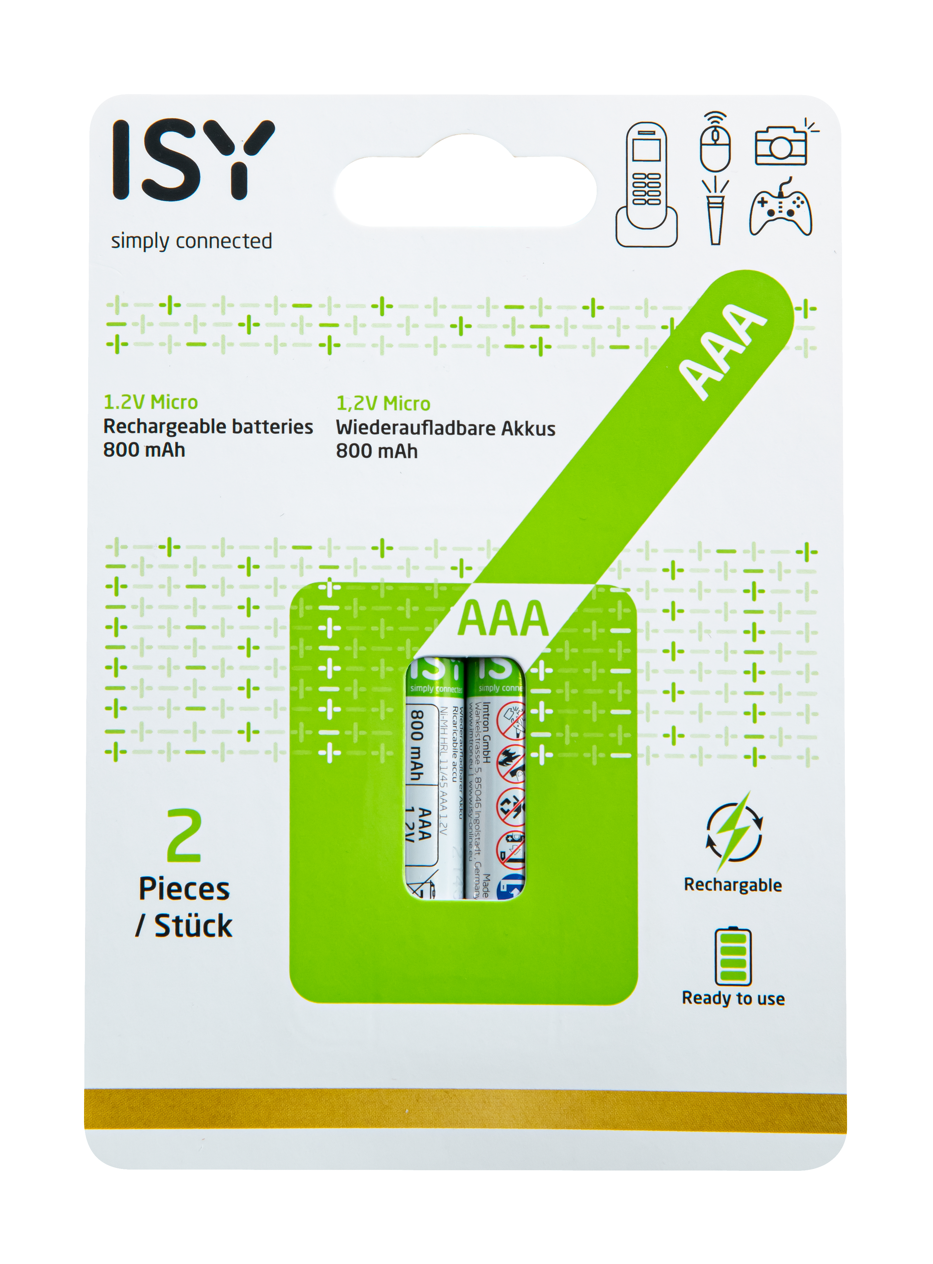 AAA-Batterien in einer Verpackung. Grün-weiße Verpackung mit Text und Batteriegrafiken. Sofort einsatzbereit.