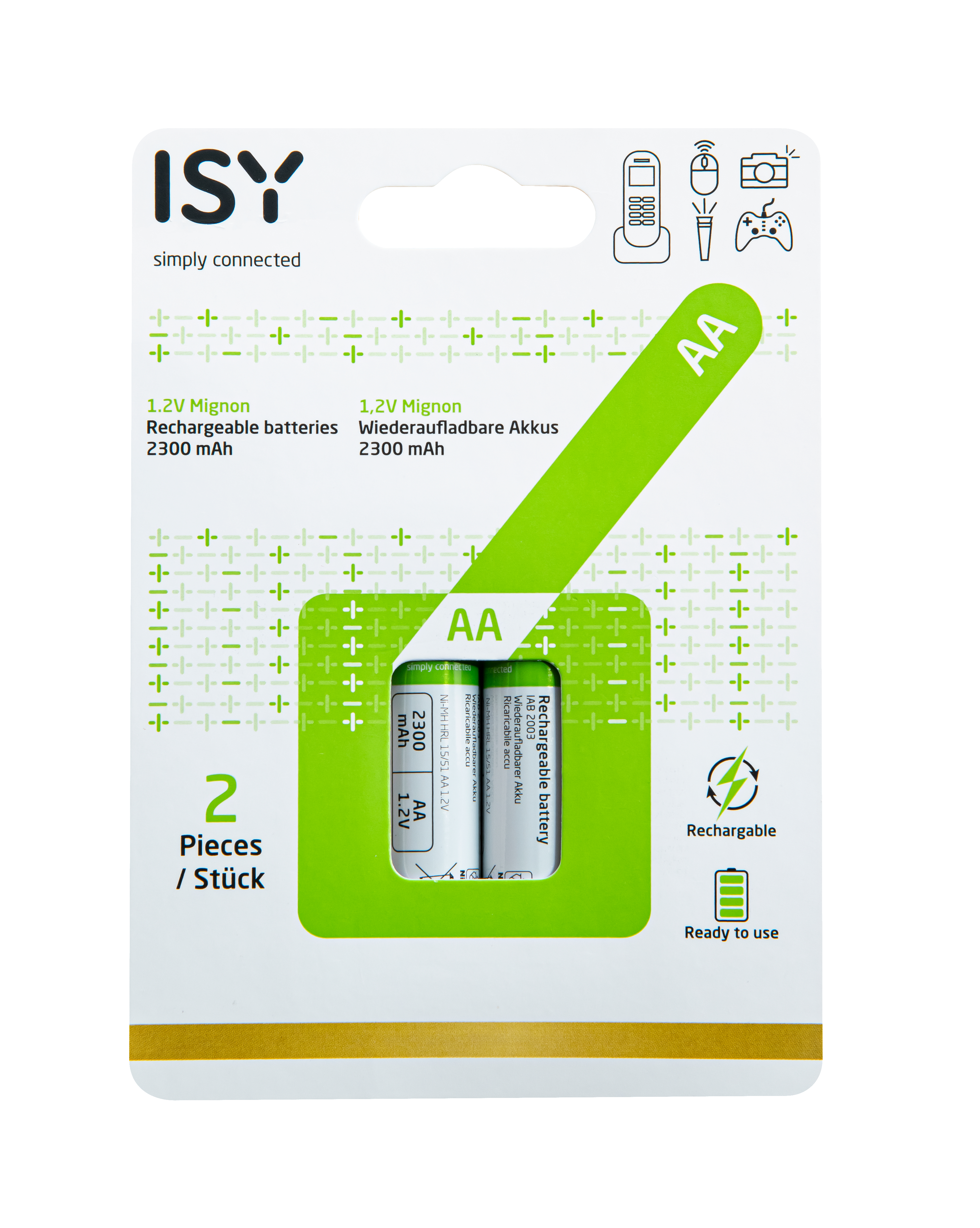 Packung mit zwei ISY AA Akkus. Grün-weiße Verpackung.