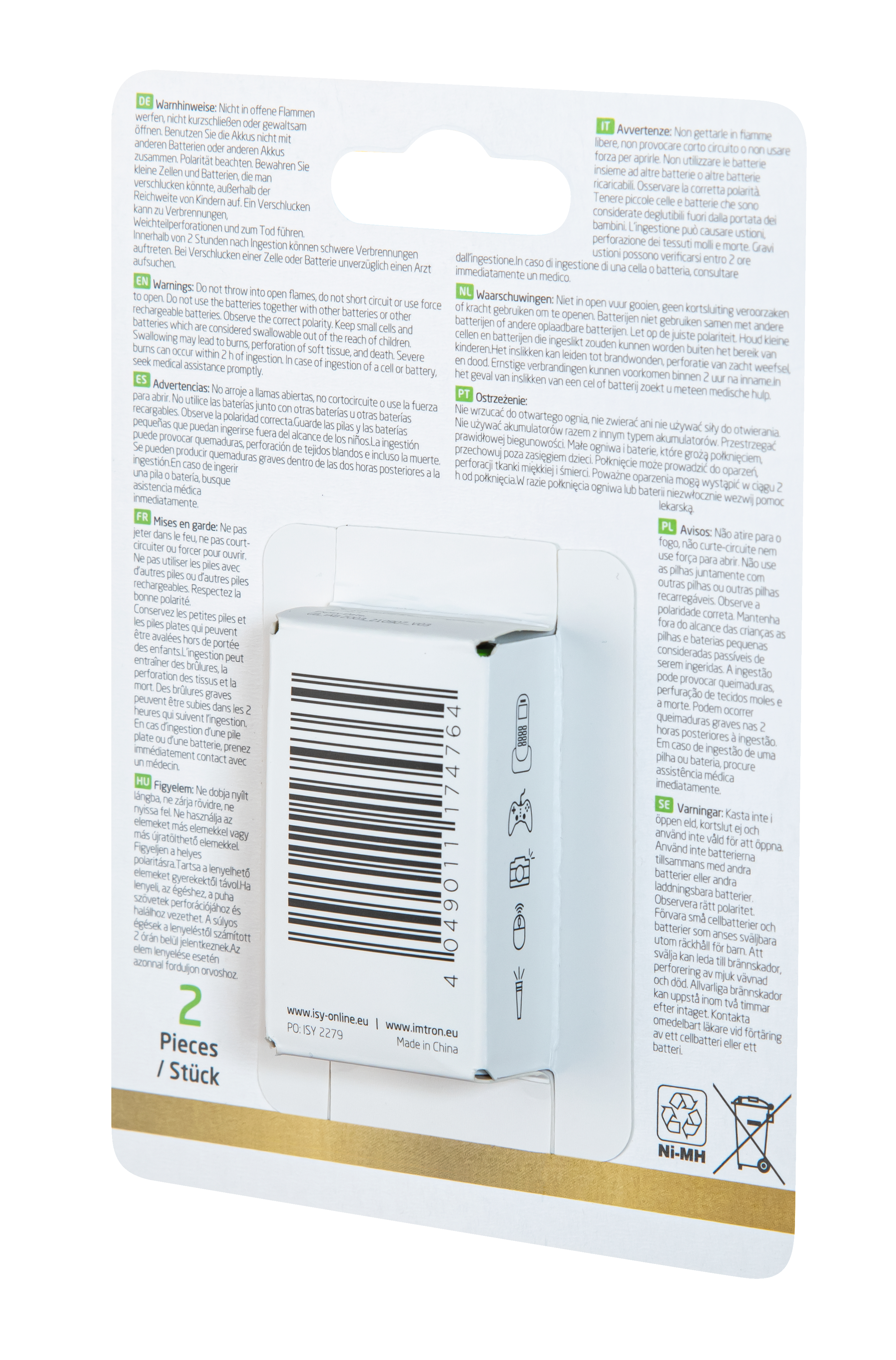 Rückseite einer Batteriepackung mit Warnhinweisen und einer Batterie im Inneren. Barcode sichtbar.