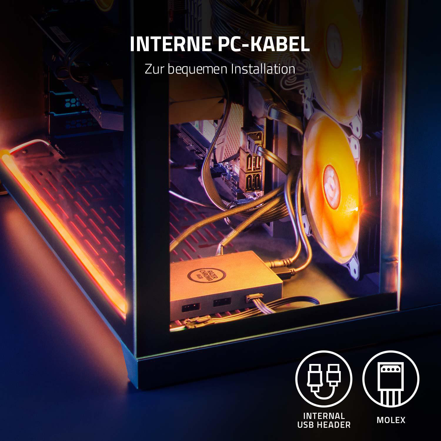 Ein Computergehäuse zeigt interne Komponenten mit beleuchteten LED-Streifen.
