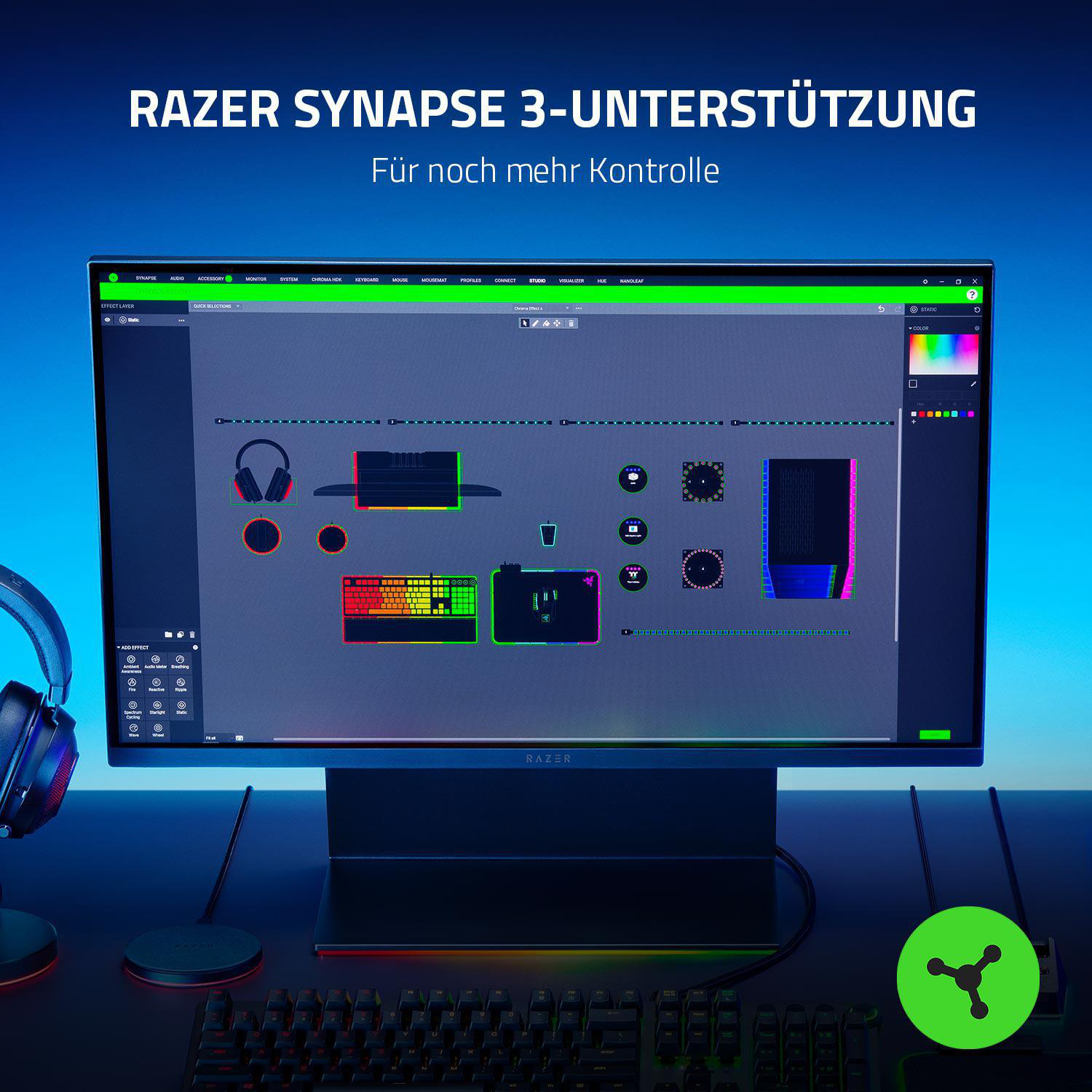 Computermonitor mit Razer Synapse-Oberfläche. Enthält Tastatur, Kopfhörer und verschiedene Gaming-Komponenten.
