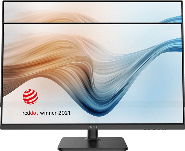 Un moniteur MSI noir avec un support. L'écran affiche de l'art abstrait avec des tourbillons bleus, marrons et blancs. Il a un prix Red Dot.