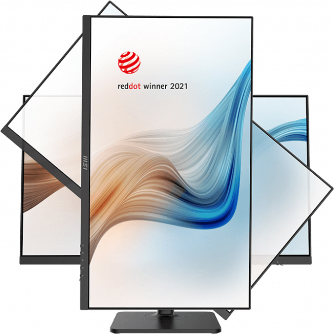 Plusieurs écrans d'ordinateur disposés en angle. L'écran central affiche un design stylisé avec un logo de gagnant du point rouge.