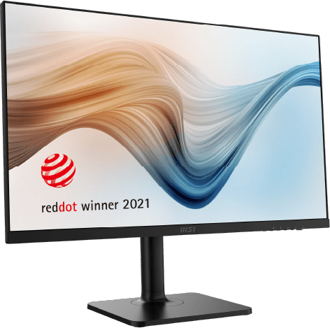 Un moniteur MSI noir avec un motif de vagues stylisé sur l'écran. Il est lauréat Red Dot 2021, avec une base carrée.