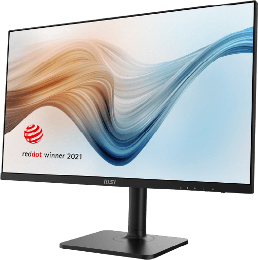 Un moniteur MSI noir, lauréat du Red Dot 2021. L'écran affiche un motif de vagues bleues et marron. Il a un socle et un support noirs.