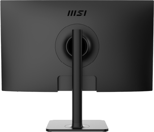 Arrière d'un moniteur MSI noir avec un support. Le logo MSI est en haut. Le support est carré et argenté.