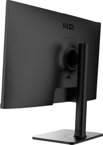 L'arrière d'un écran d'ordinateur noir est montré. Le support et la base sont noirs. Le logo MSI est en haut.