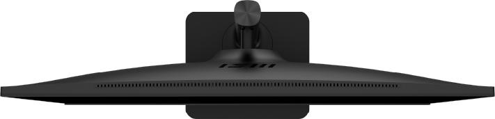 Vue de dessus d'un écran d'ordinateur noir avec un support. L'écran a un écran incurvé et le logo MSI.