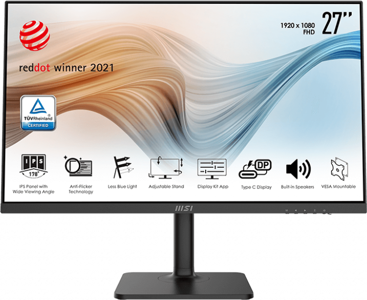 Un moniteur MSI de 27 pouces avec un cadre noir. Il porte le logo Red Dot Winner, une résolution FHD de 1920x1080 et des icônes de fonctions variées.