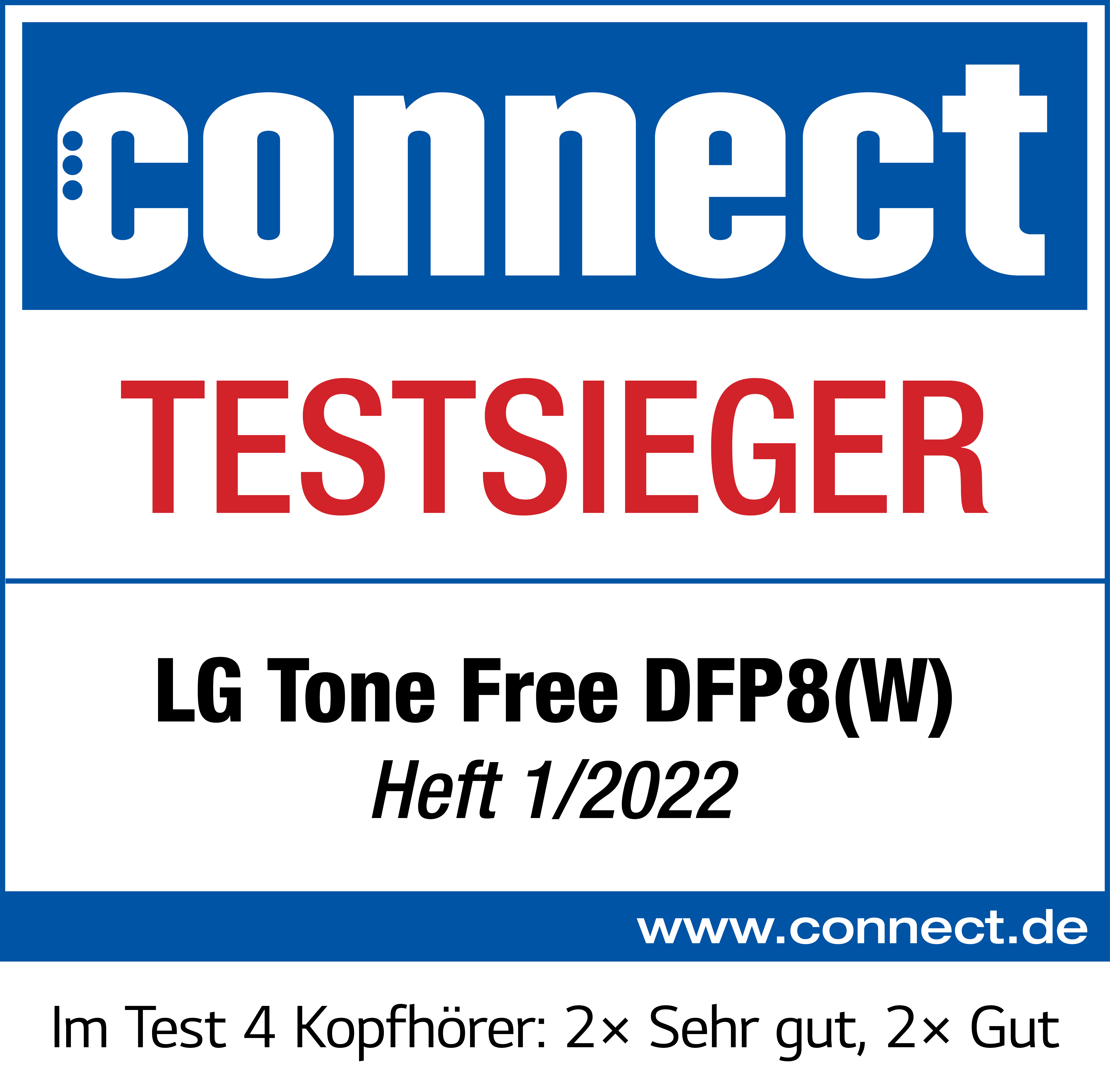 Das Bild zeigt ein connect-Magazin-Cover. Es steht 'TESTSIEGER' und 'LG Tone Free DFP8(W) Heft 1/2022'.