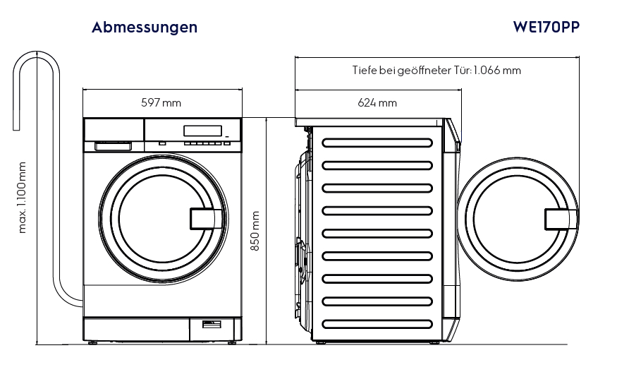 Diagramm einer Waschmaschine. Seiten-, Vorder- und Draufsicht mit Abmessungen in mm.