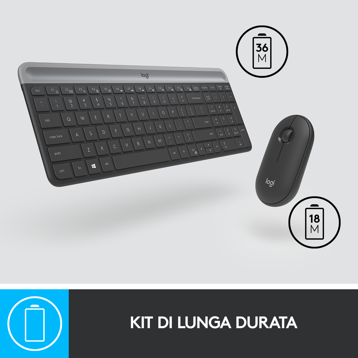 Una combinazione di tastiera e mouse nera e grigia. Un'icona della batteria con indicatori di durata della batteria di 36M e 18M.