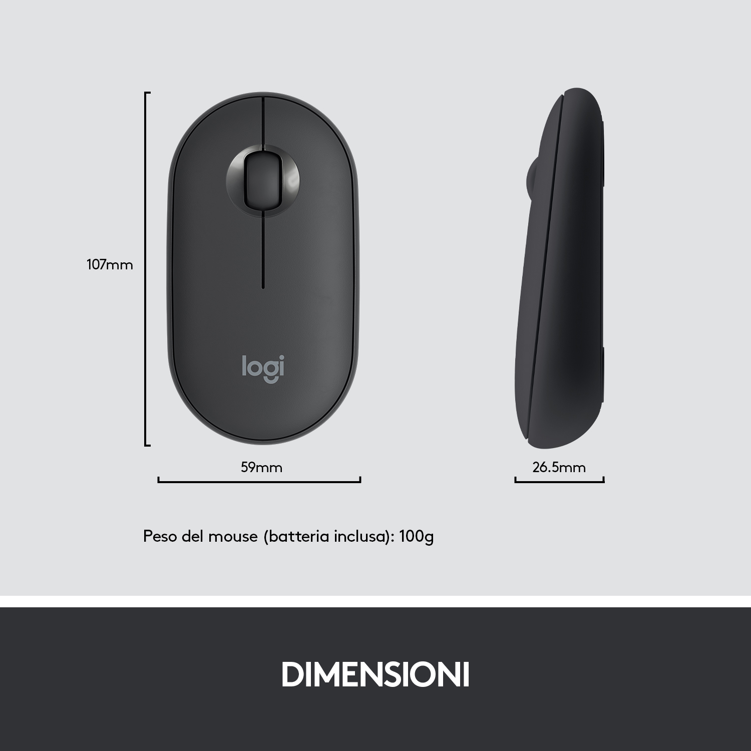 Mouse con dimensioni, vista dall'alto e laterale, colore nero e il logo.