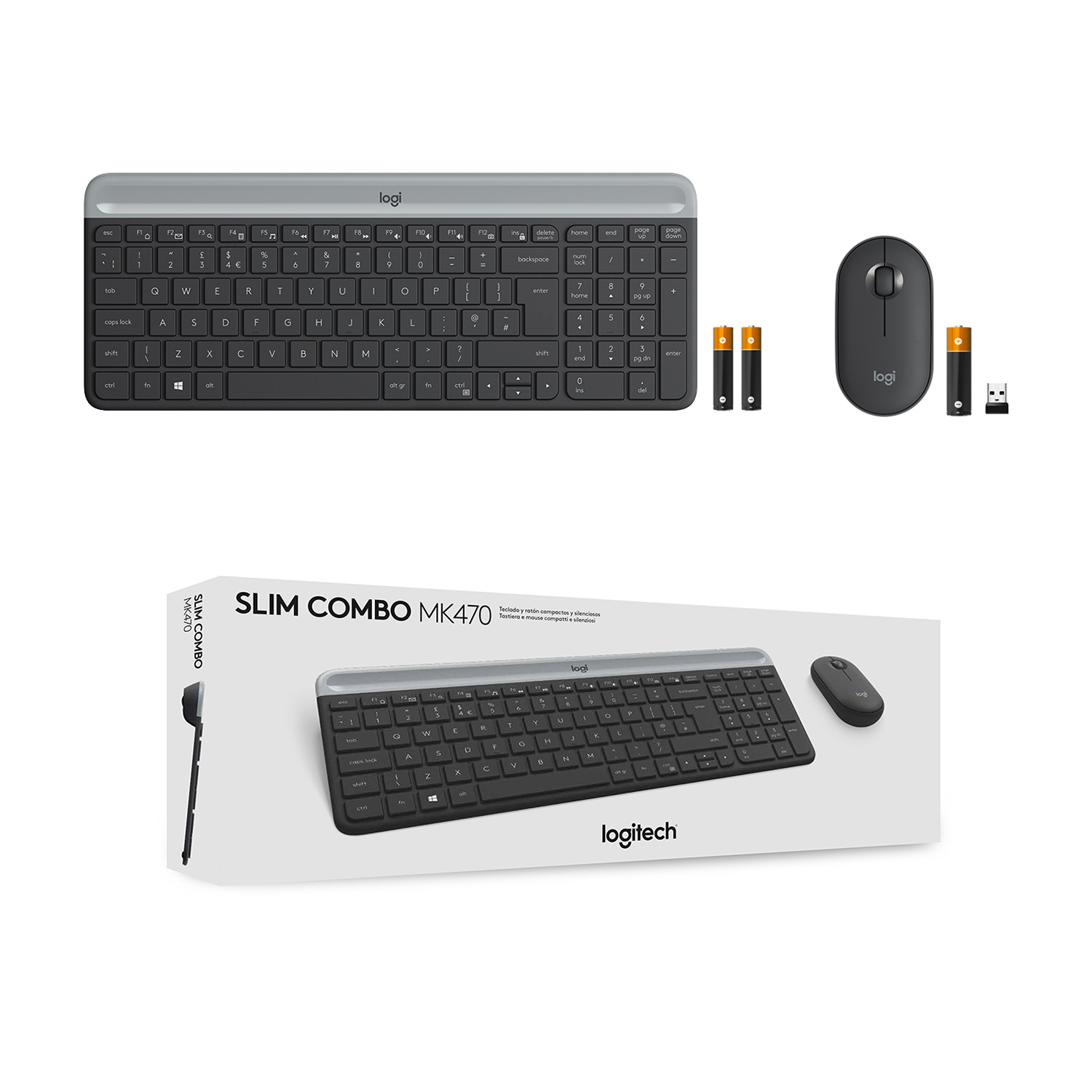 Una tastiera, un mouse e batterie. La confezione dice Slim Combo MK470 di Logitech.