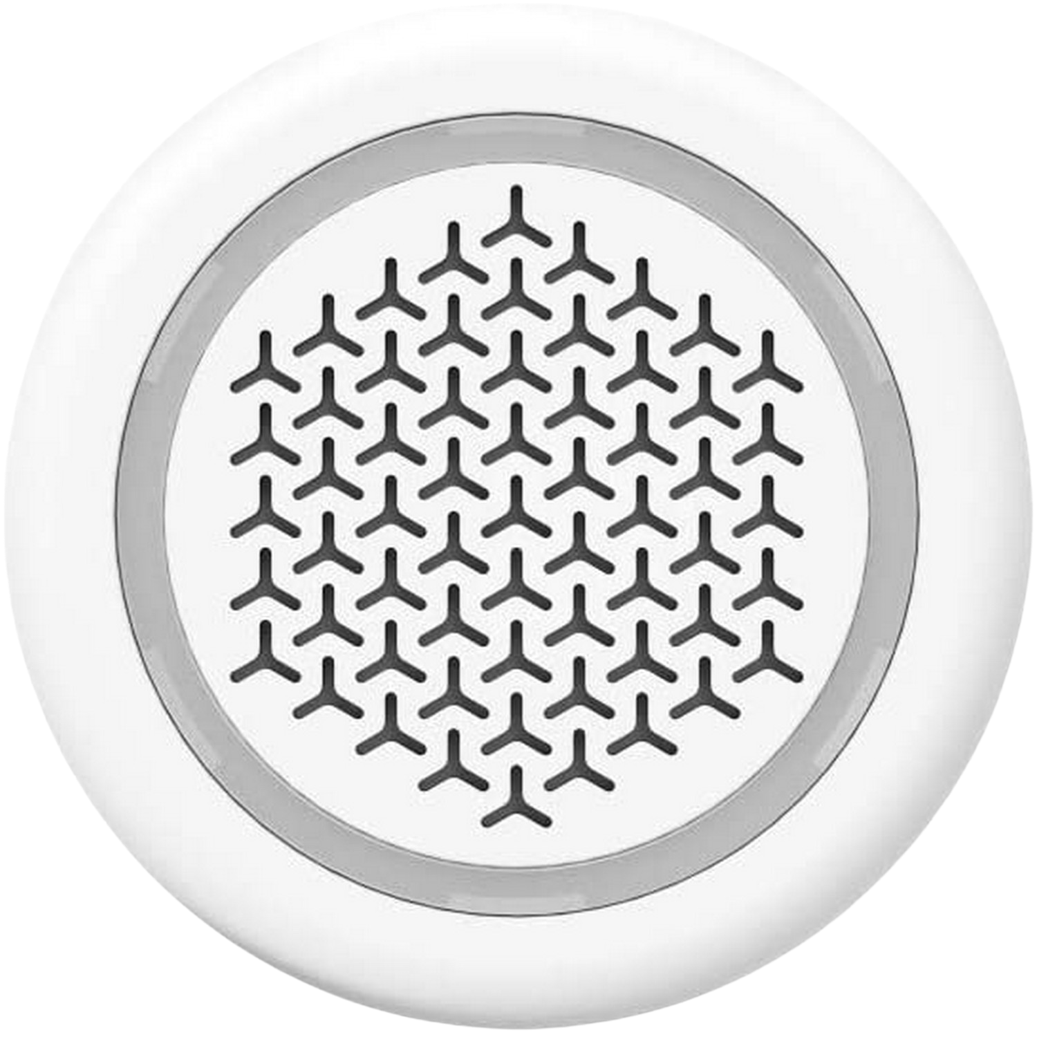 Altavoz circular blanco. Patrón de malla con líneas anguladas dentro de un diseño circular.