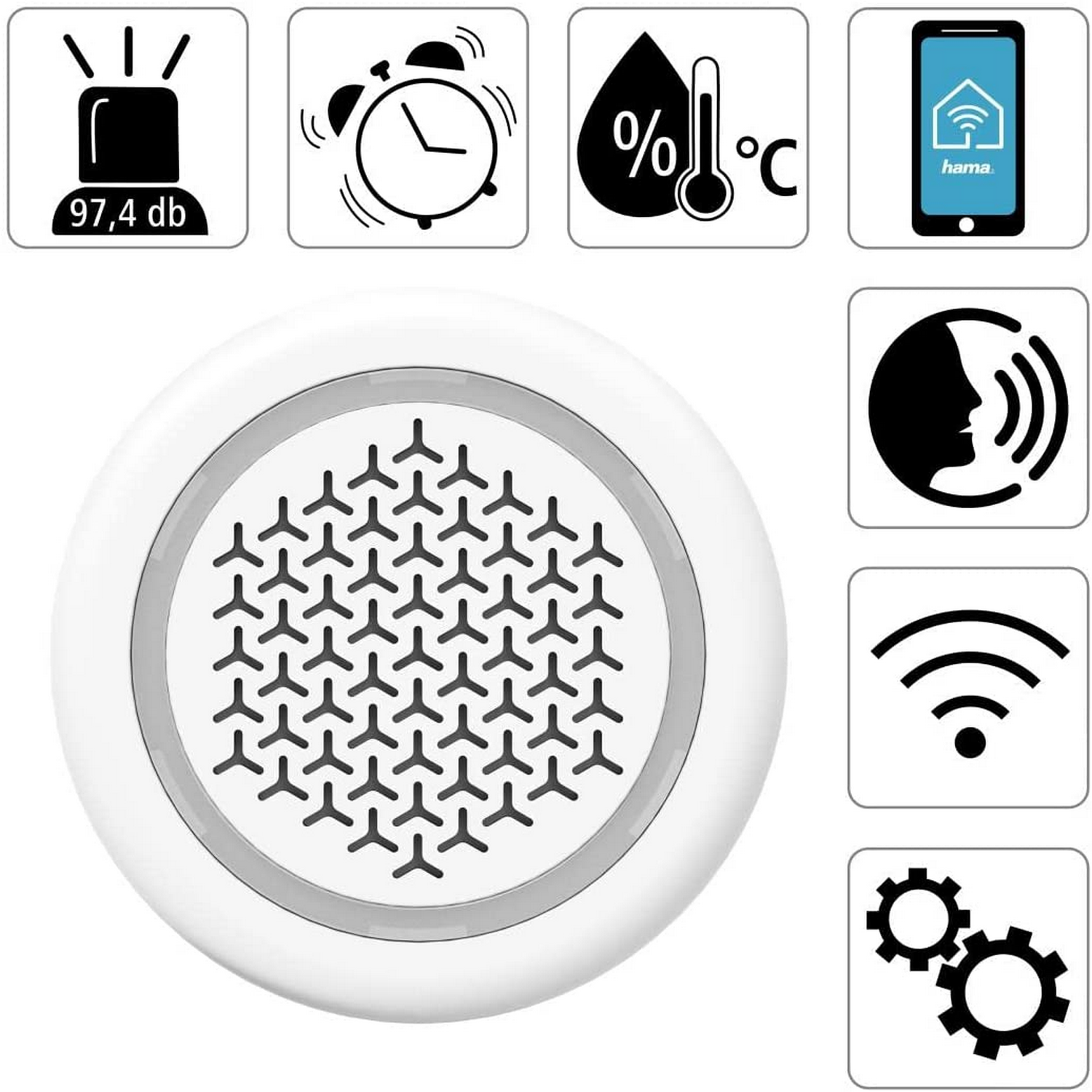 Un dispositivo domótico blanco con iconos: sirena, despertador, temperatura, teléfono, altavoz, wifi y engranajes.