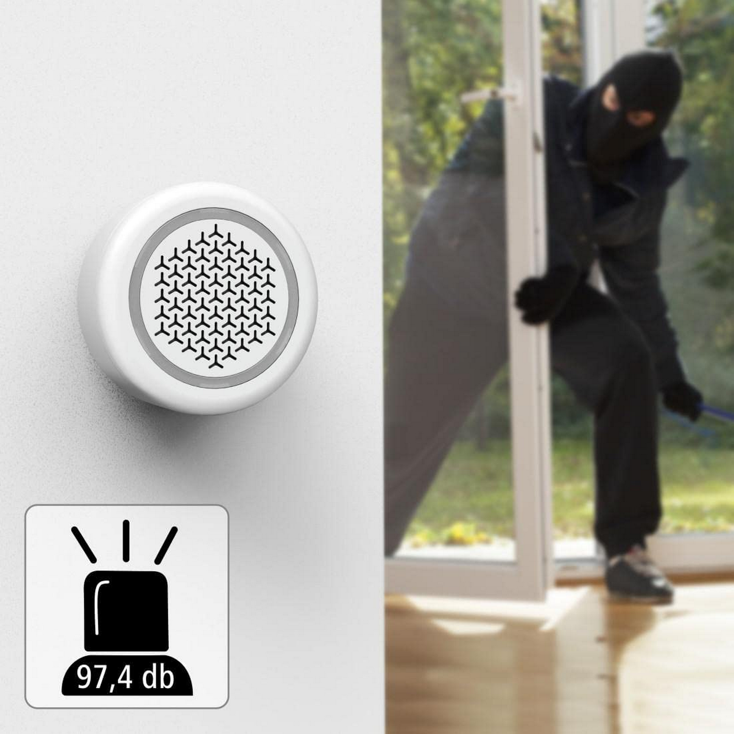 Un sistema de alarma blanco en una pared blanca. Un ladrón rompe una puerta.