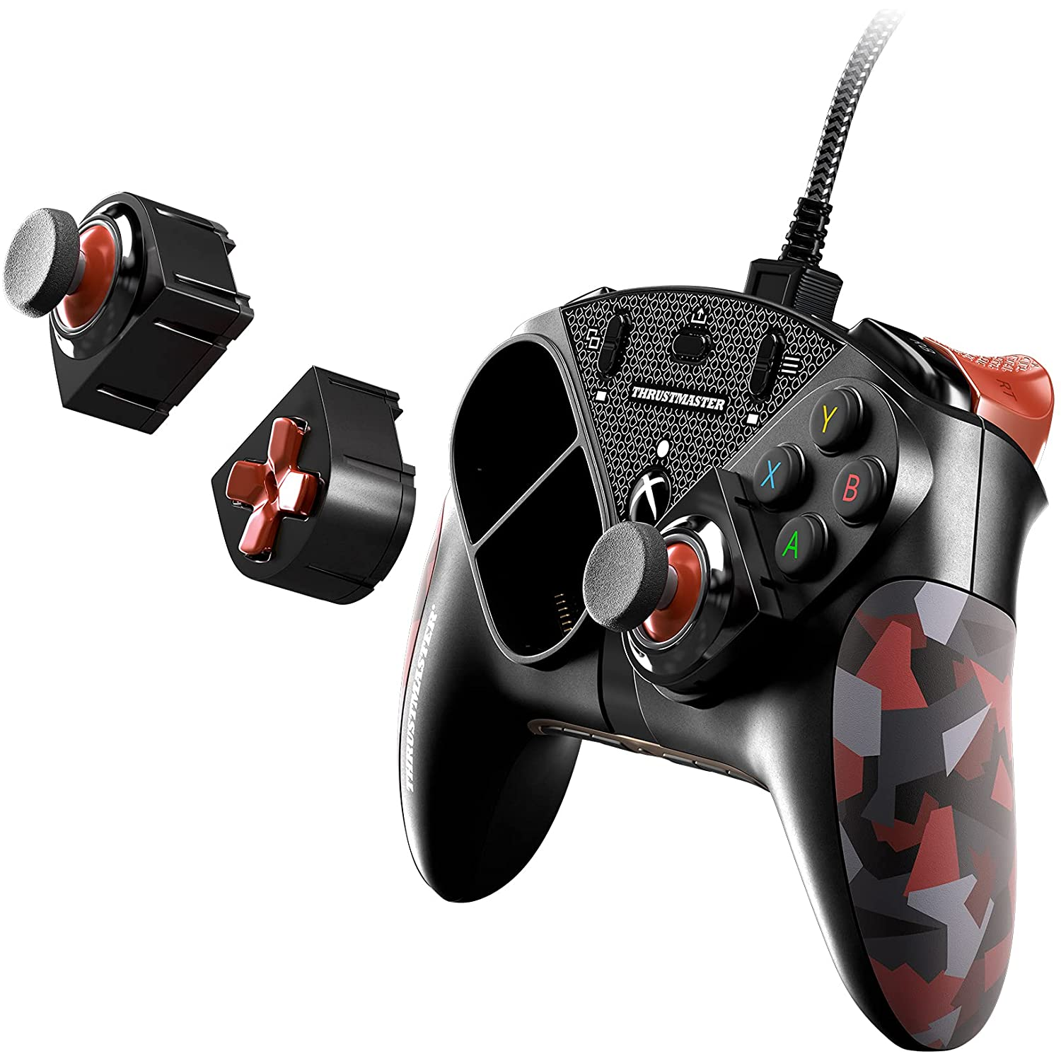 Un gamepad Thrustmaster negro y rojo con módulos intercambiables.