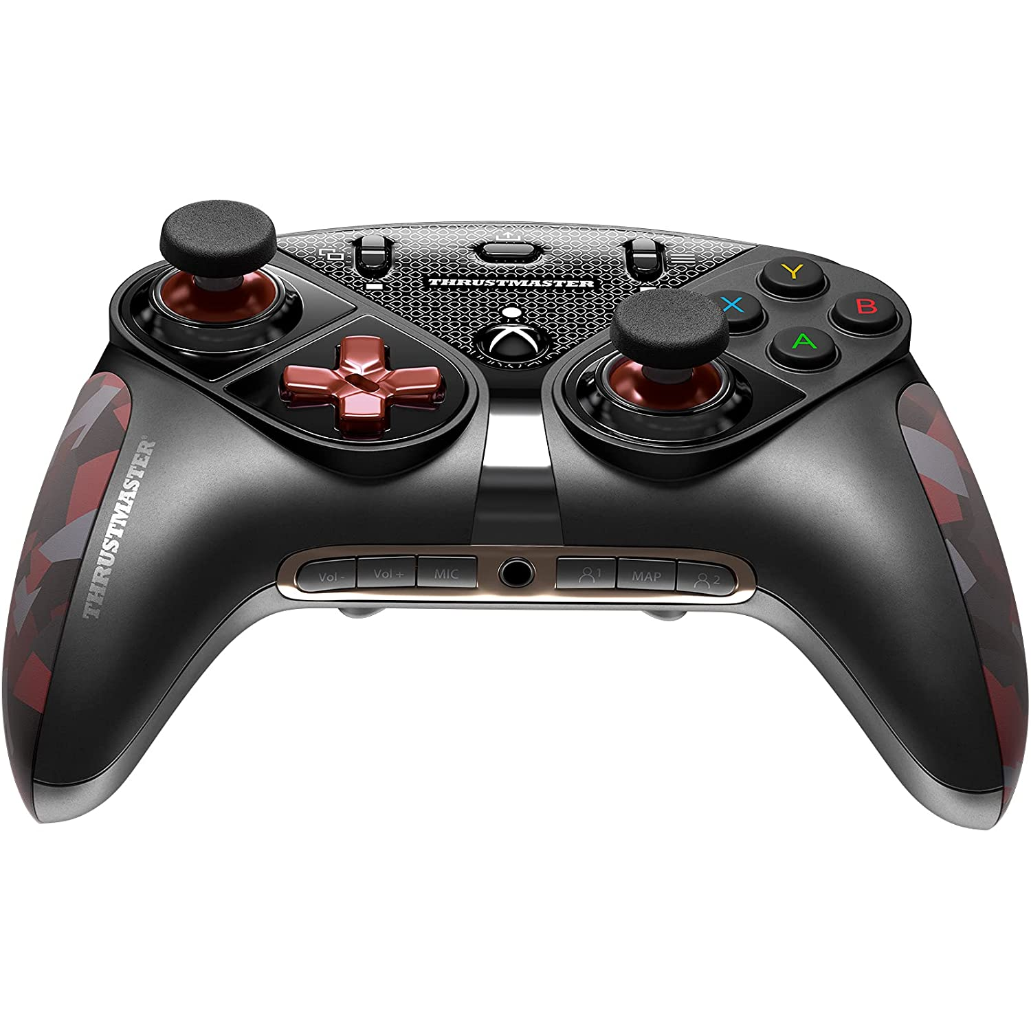 Mando Thrustmaster negro y gris con detalles rojos y varios botones.