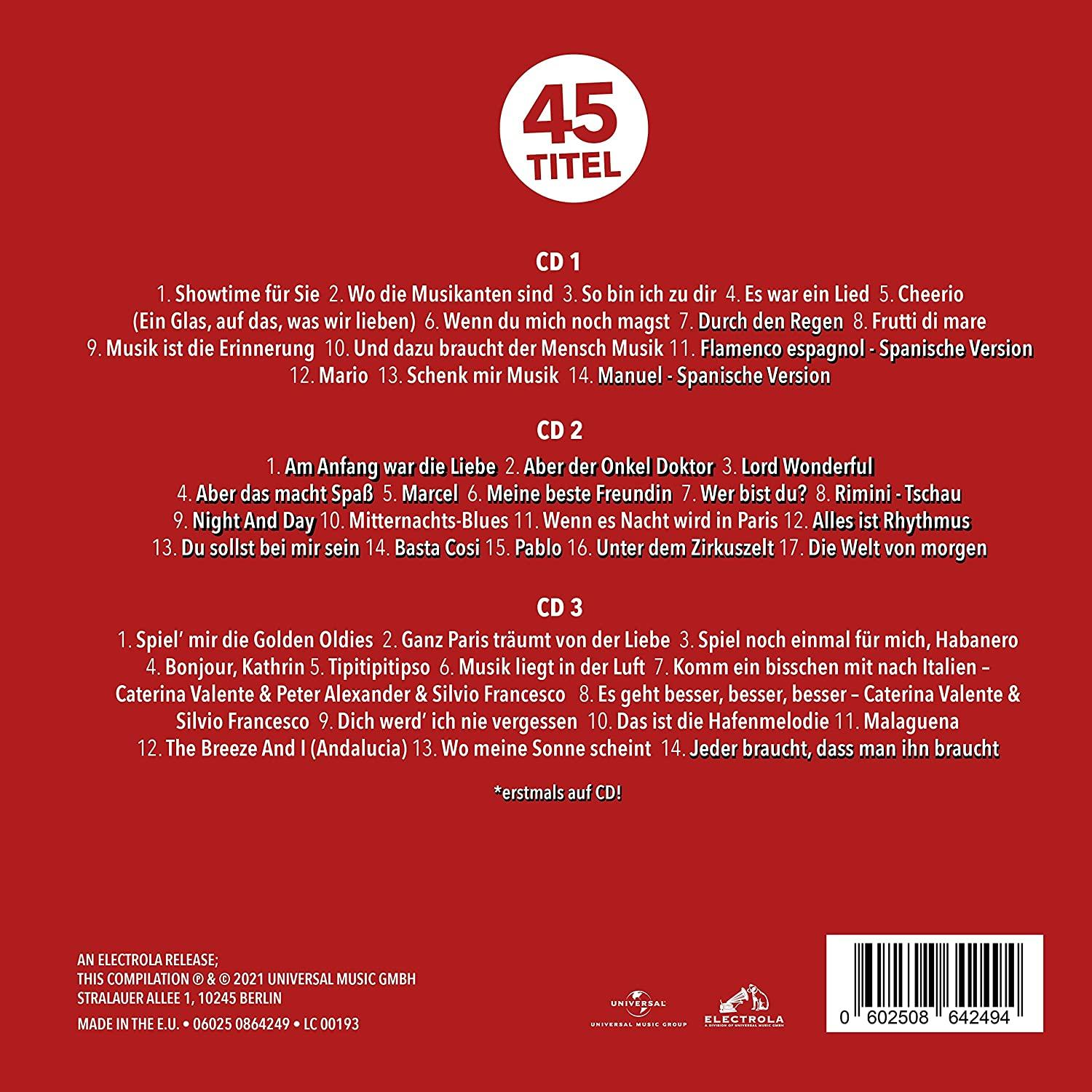 CD-Compilation-Cover, roter Hintergrund, weißer Text listet Songs und Künstler sowie CD-Details auf.