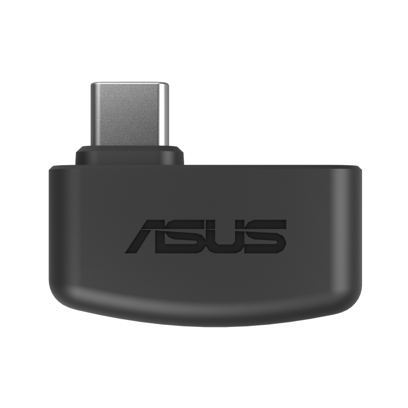Schwarzer ASUS USB-C-Adapter. Der Adapter befindet sich auf einer weißen Oberfläche, mit dem ASUS-Logo.