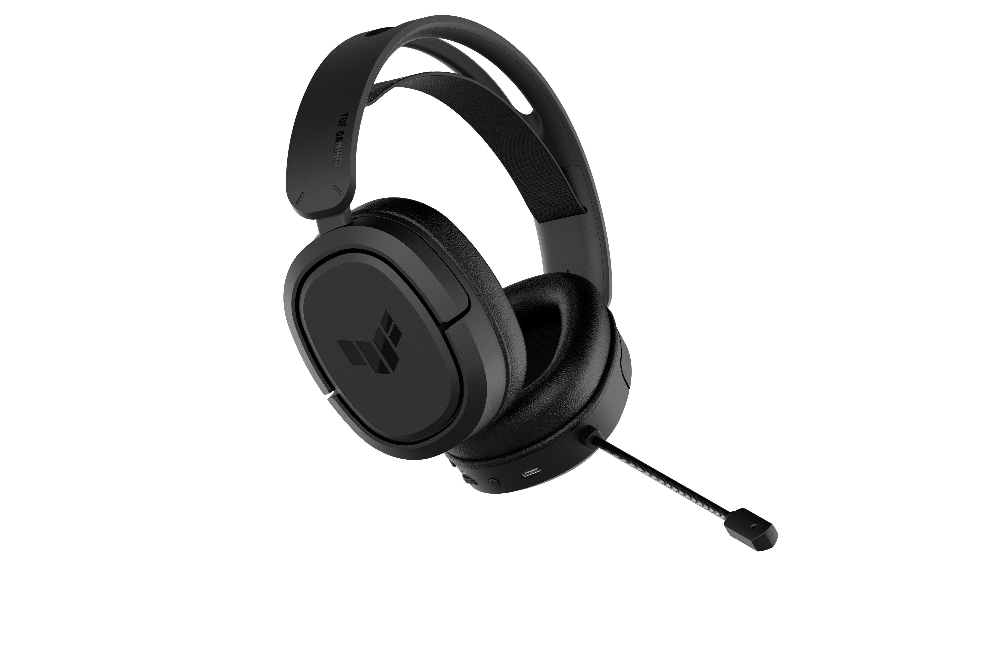 Ein schwarzes Gaming-Headset mit Mikrofon auf weißem Hintergrund. Das Headset hat das TUF GAMING Logo.