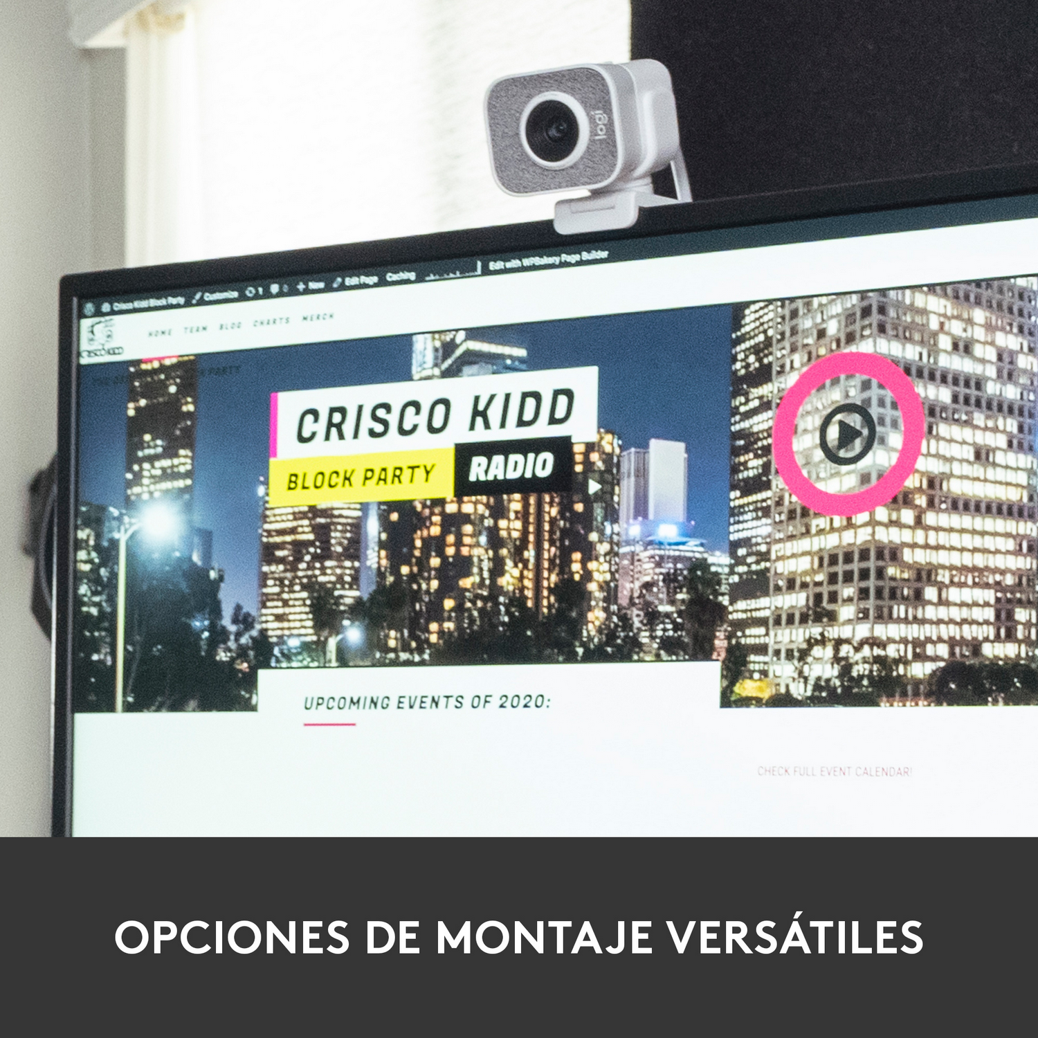 Cámara web montada en un monitor. Muestra el sitio web de Crisco Kidd Block Party Radio.