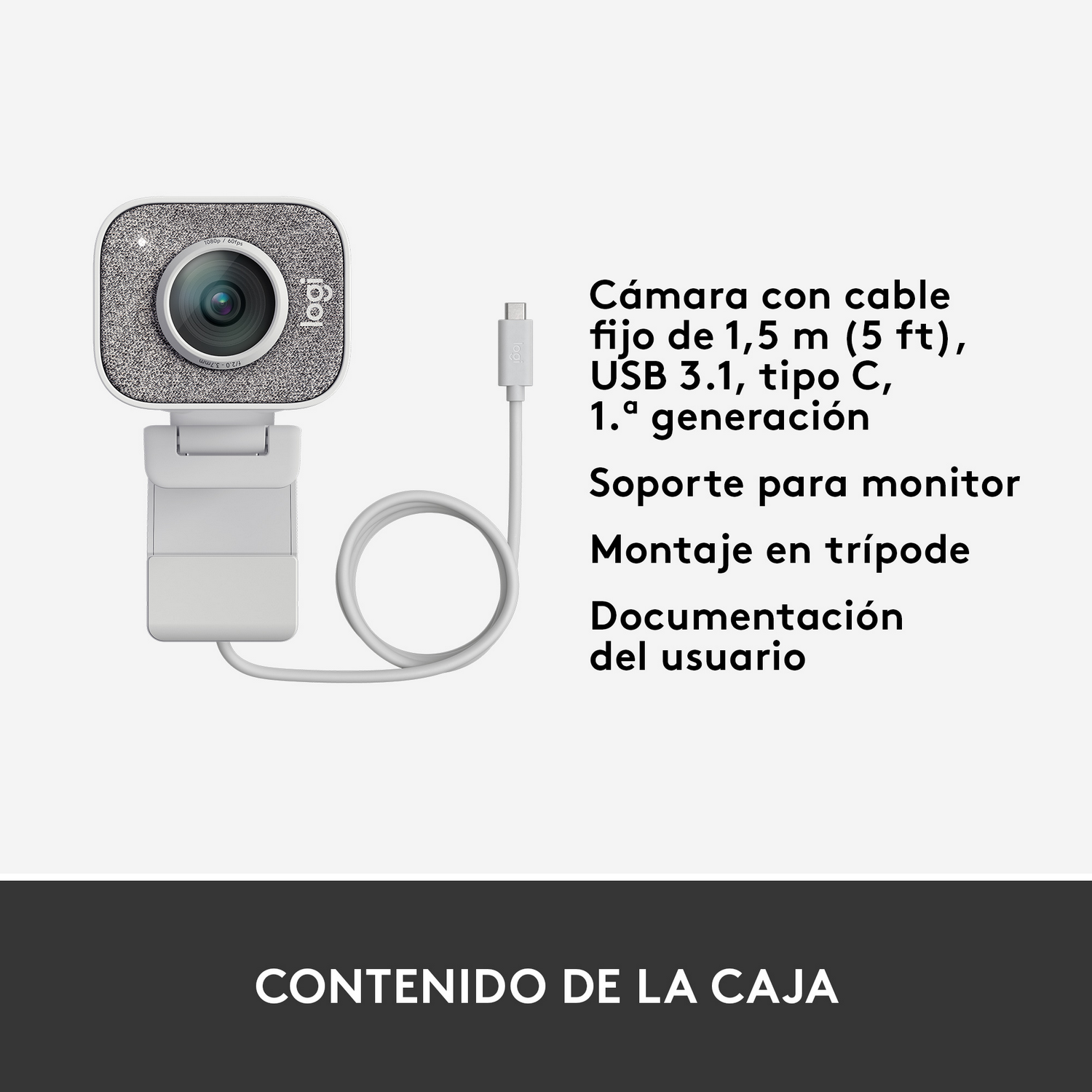 Una cámara web con diseño gris y blanco, con cable USB y texto en español.