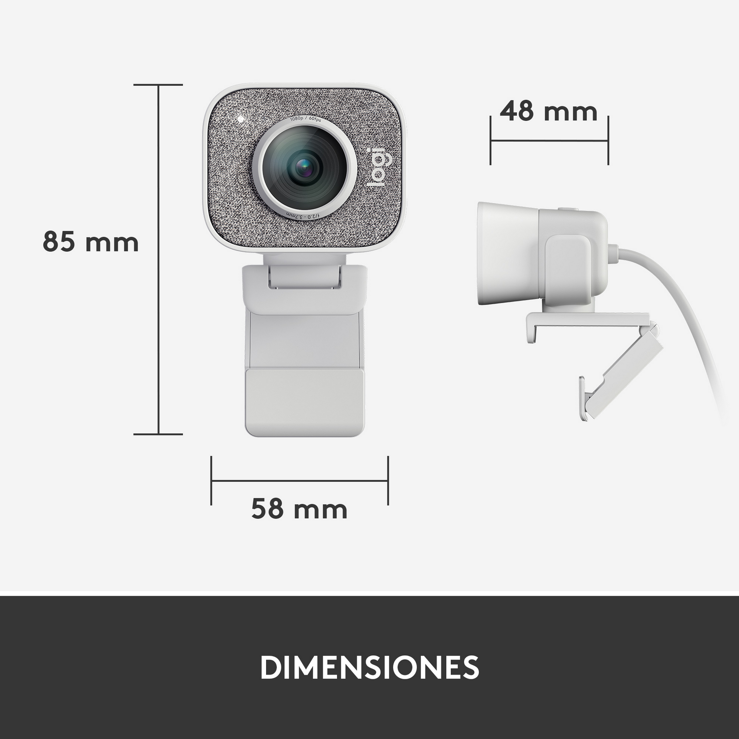 Webcam blanca con dimensiones: 85 mm altura, 58 mm ancho y 48 mm grosor, sobre fondo blanco.