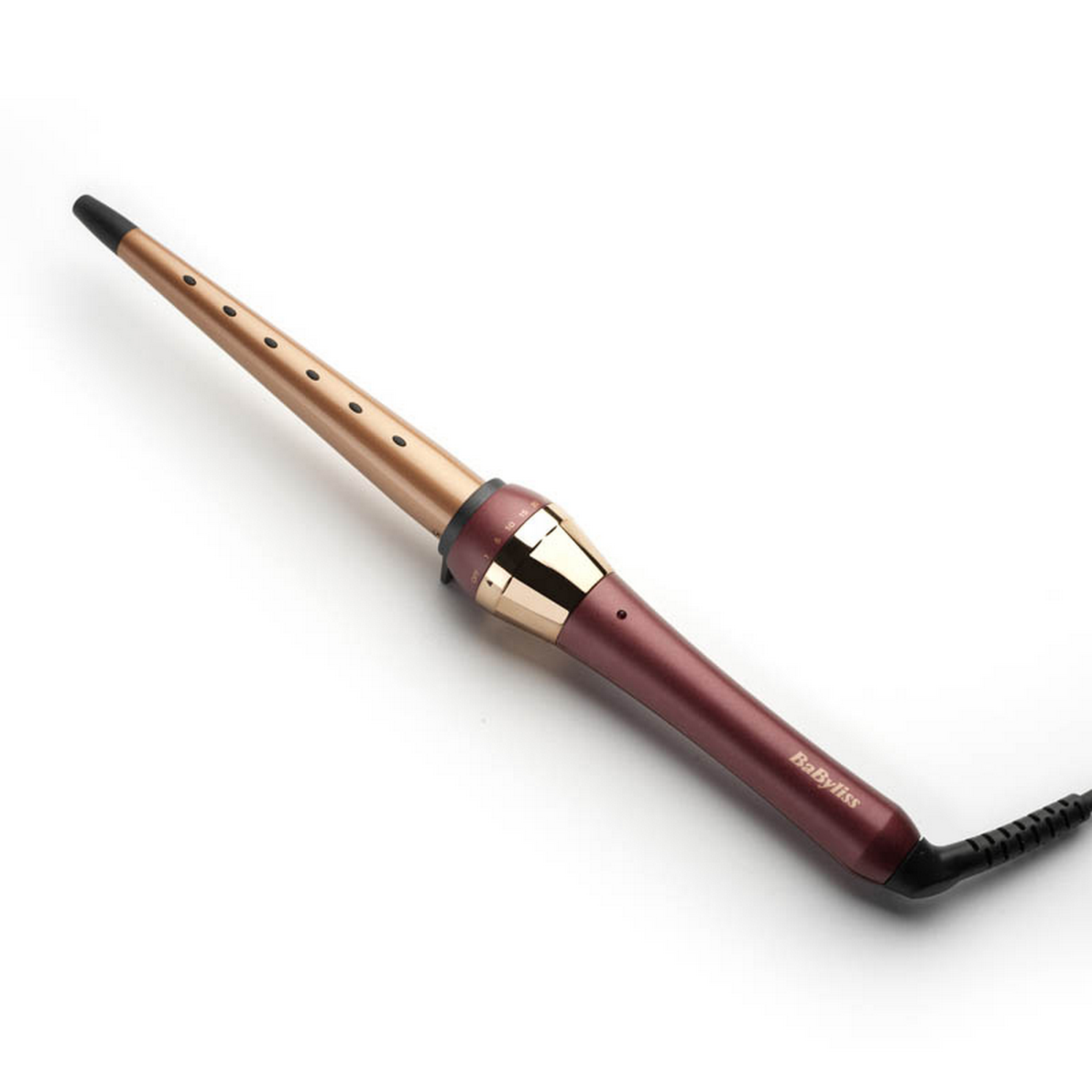 Rizador de pelo con mango color rosa y barril dorado. Tiene un cable negro.