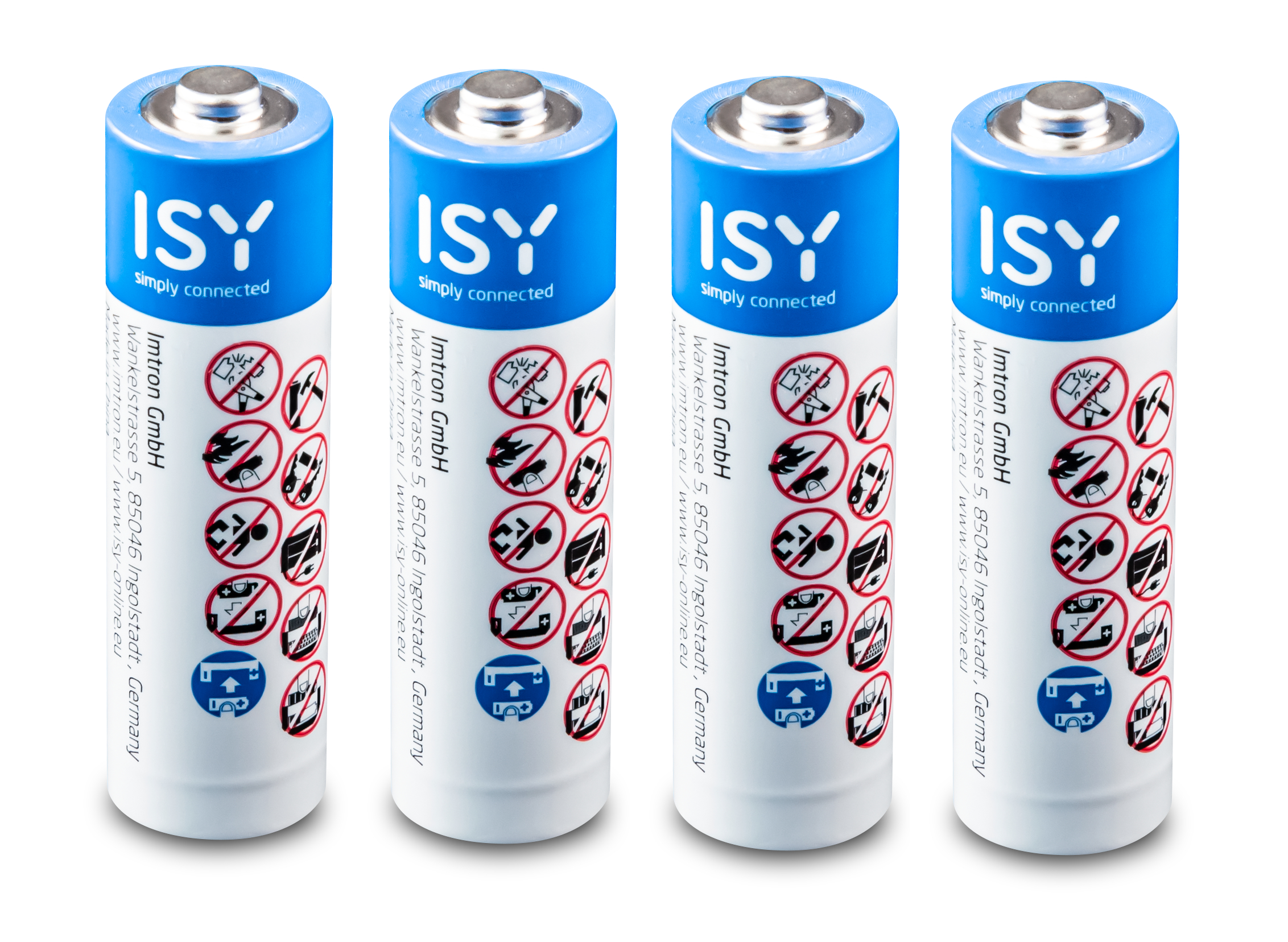 Vier AA-Batterien, blaue Oberteile, Warnsymbole, weißer Hintergrund.