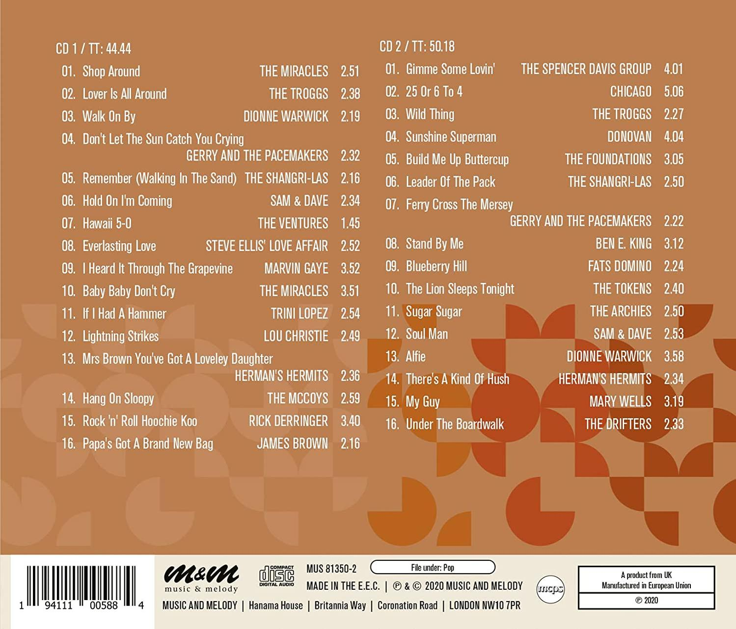 CD-Cover mit Tracklisten: 16 Tracks auf CD1 und 16 auf CD2. M&M Music Label.