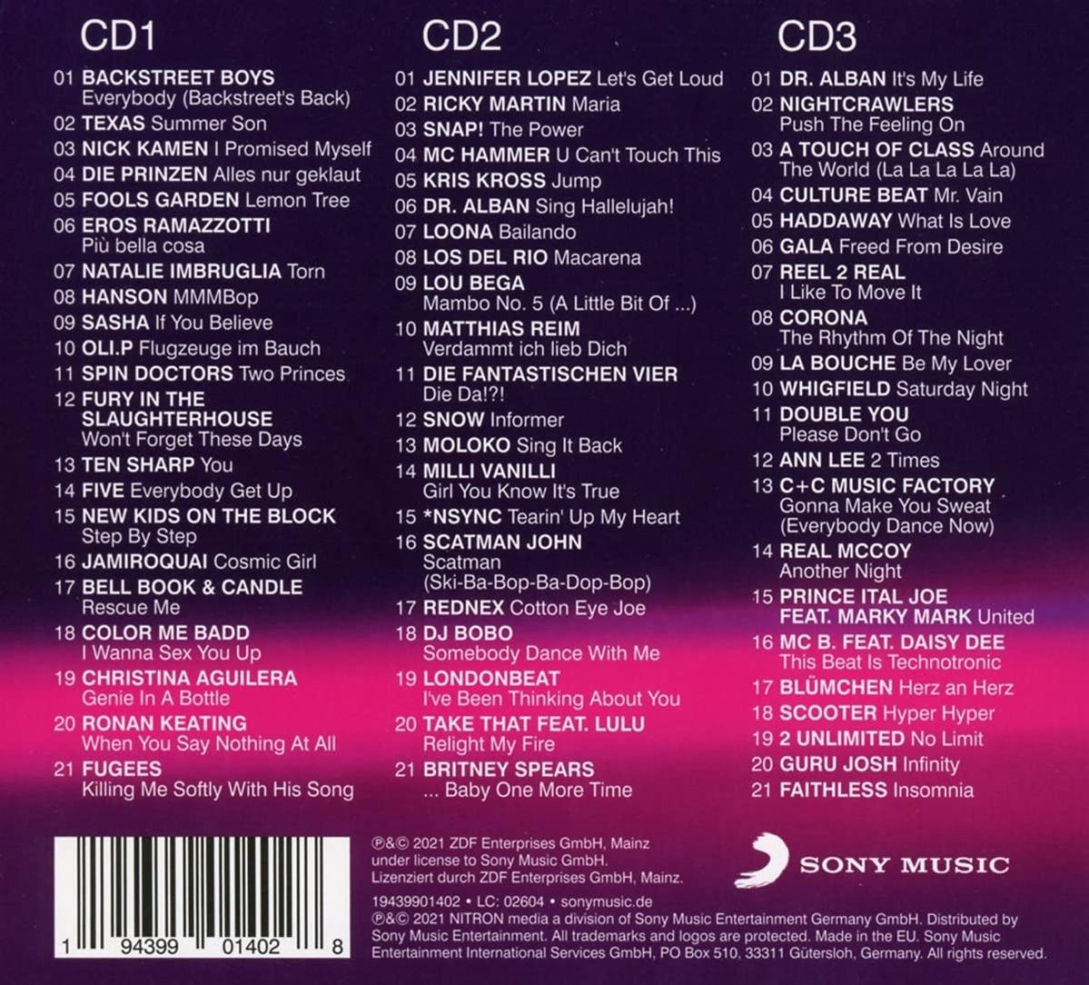 Drei CDs mit Titellisten. Der Text ist auf Deutsch. Album-Cover sind vorhanden.