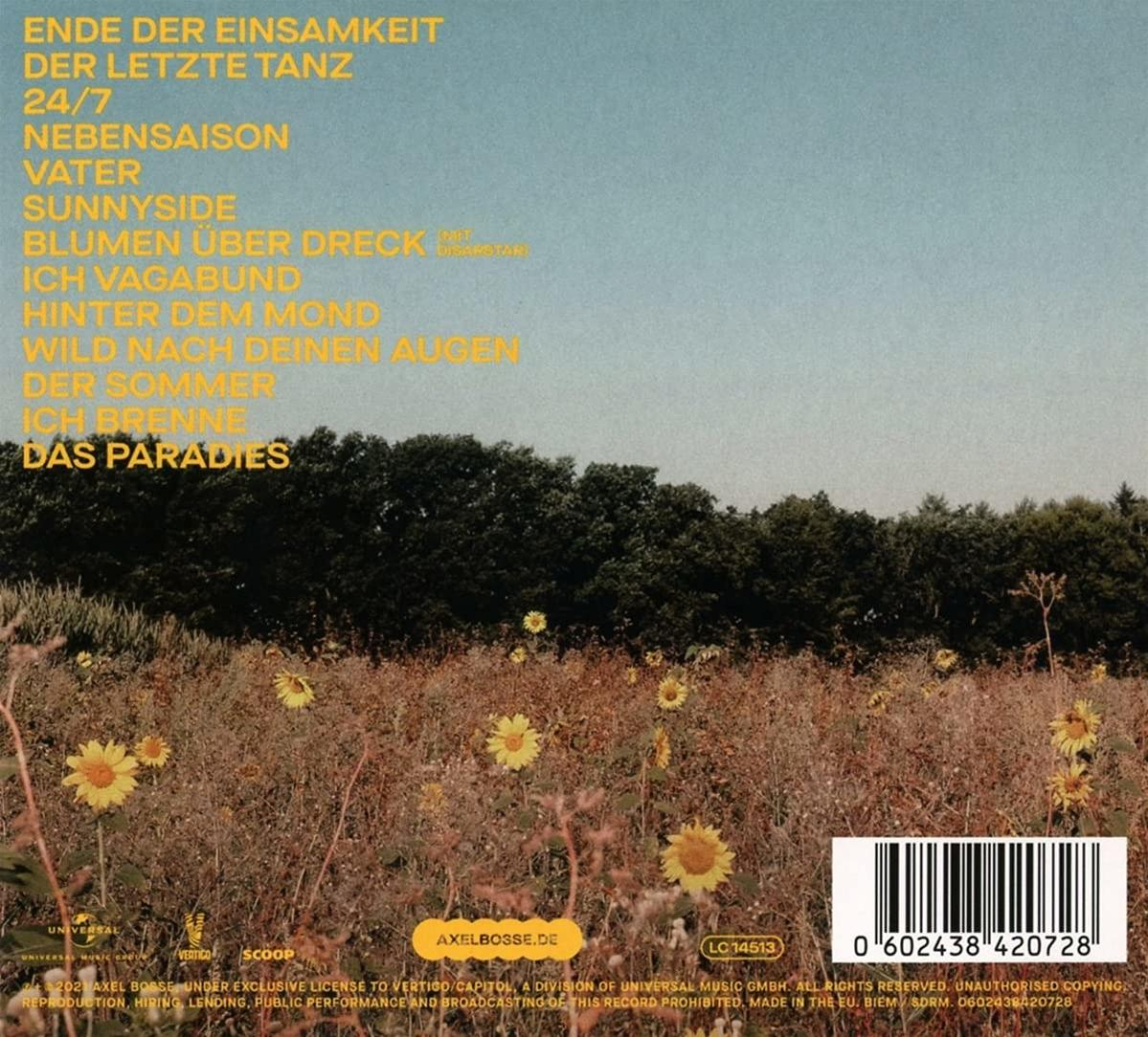 Albumcover mit Text und einem Feld mit gelben Blumen, mit einem Wald im Hintergrund.