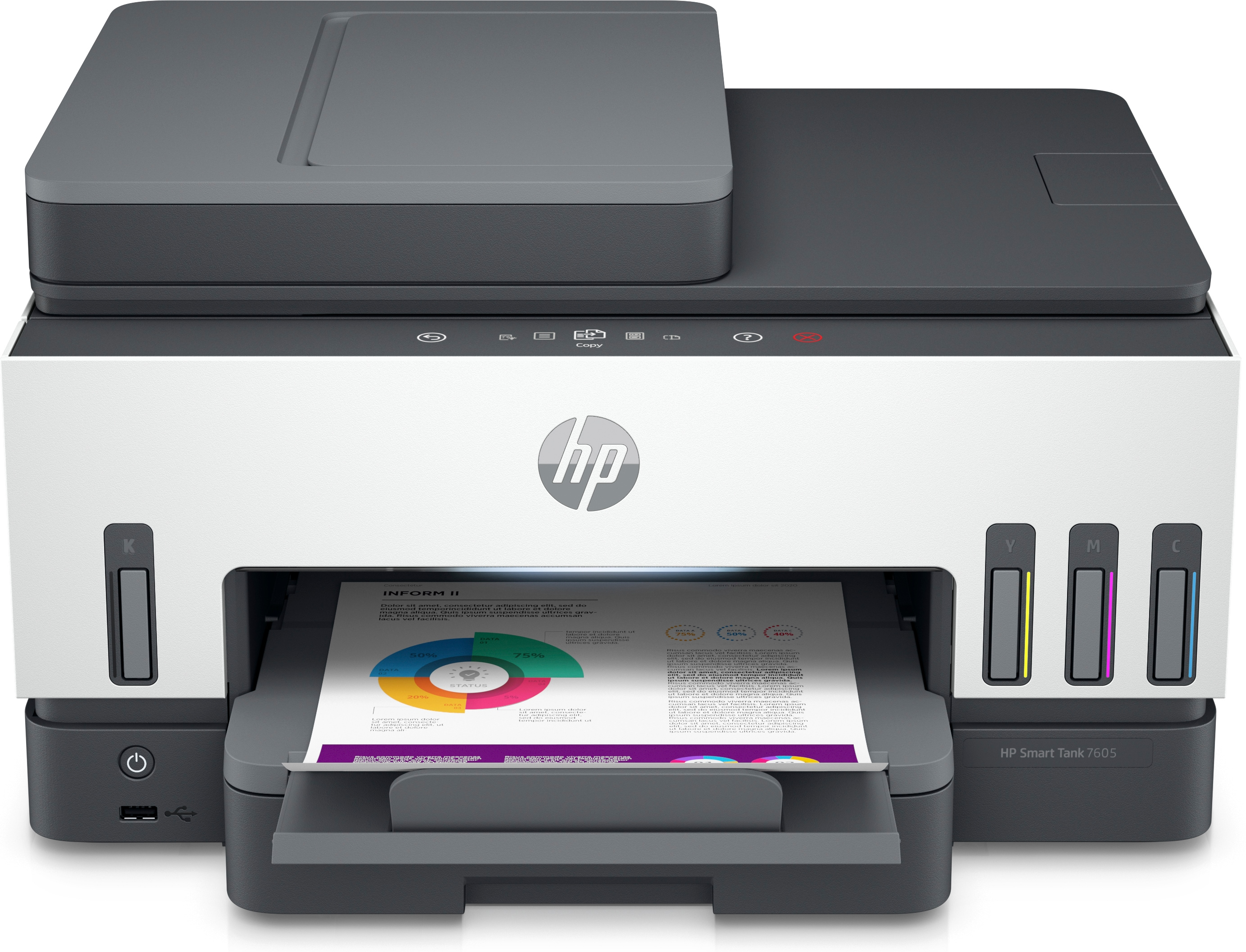 HP Smart Tank 7605 Drucker mit gedrucktem Dokument.