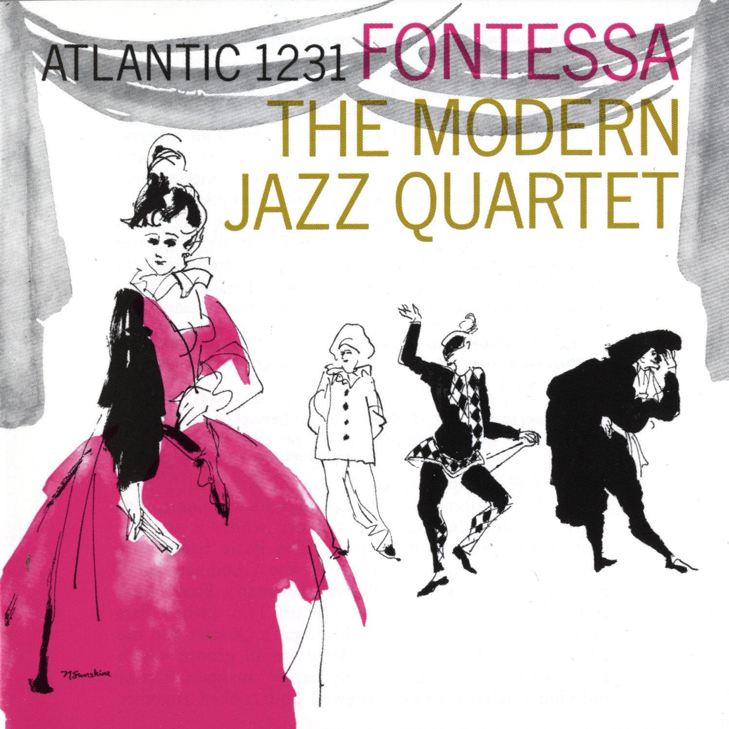 Album borító: Fontessa, The Modern Jazz Quartet. Illusztráció: nő és arlekinok.