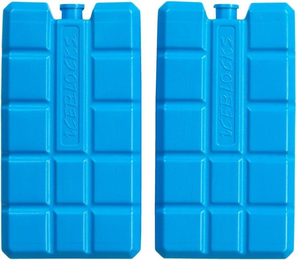 Twee blauwe icepacks met de woorden 'ICEBLOCKS' erop geschreven, op een witte achtergrond.