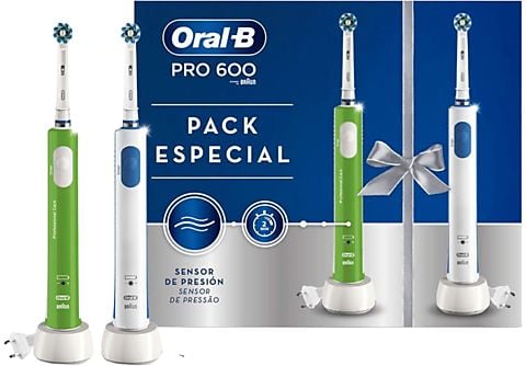 REACONDICIONADO Cepillo eléctrico  Oral-B Pack Pro 600 Cross Action, 2  Cepillos Eléctricos Recargables, Verde y Blanco