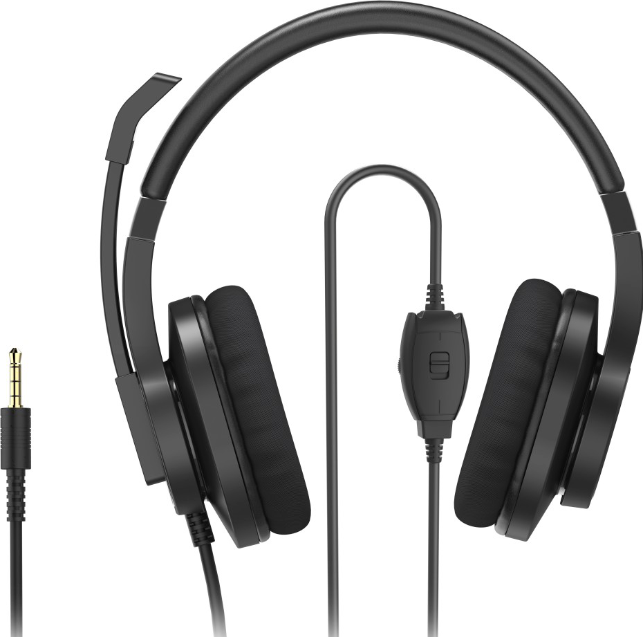 Cuffie nere con microfono e controllo del volume, con un jack da 3,5 mm.