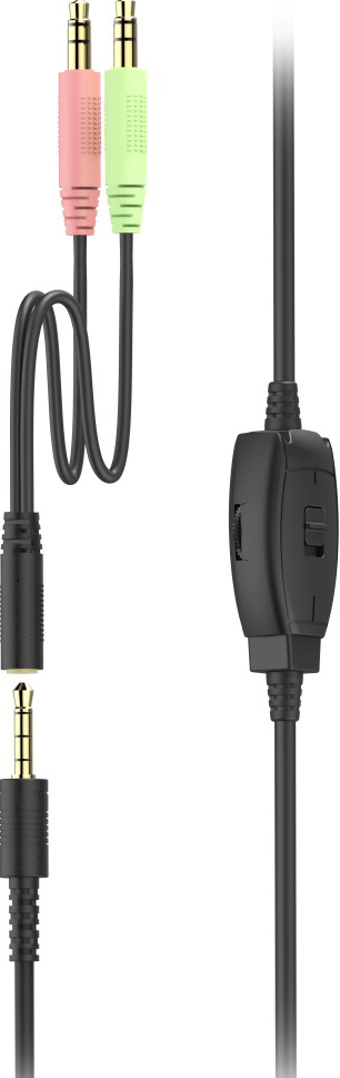 Cavo audio con jack rosa, verde e controllo volume nero.