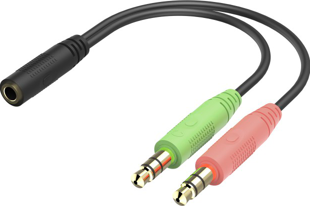 Adattatore audio con jack femmina a due jack maschio, verde e rosso, su sfondo bianco.