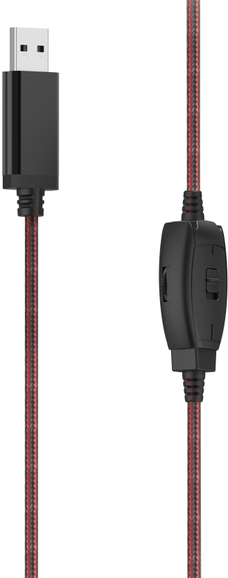 Cavo USB con esterno intrecciato rosso. USB e la parte di controllo sono visibili.