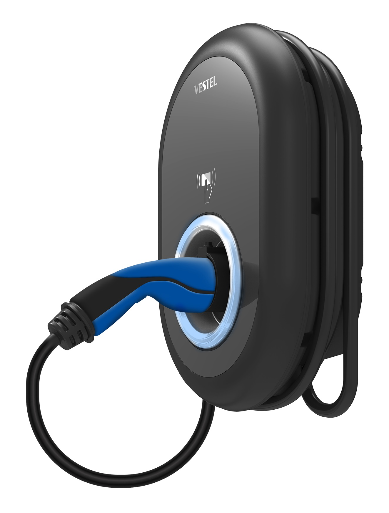 Ein schwarzes Elektrofahrzeug-Ladegerät mit blauem Stecker, an der Wand montiert.