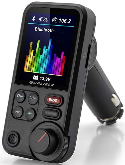 Black car adapter with a screen. The screen shows the time, frequency, and Bluetooth.